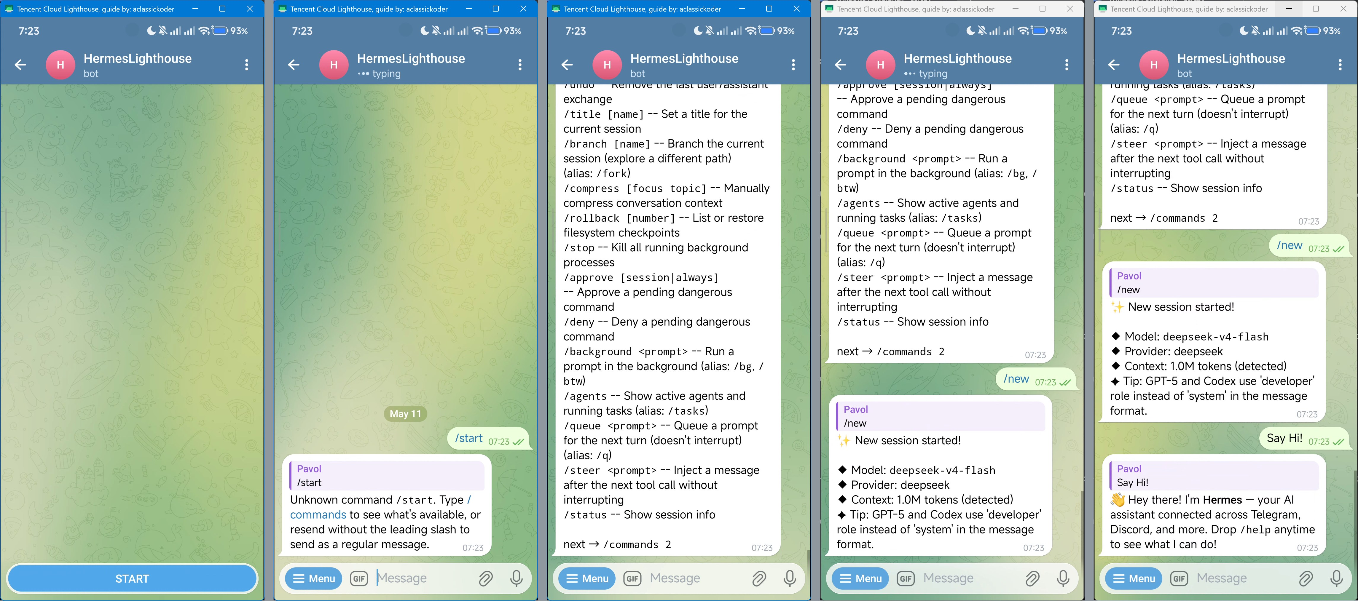 Telegram 中成功运行的 Hermes Agent Bot 测试聊天