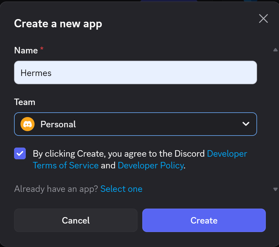 Discord 应用创建窗口 - 为你的 Bot 命名