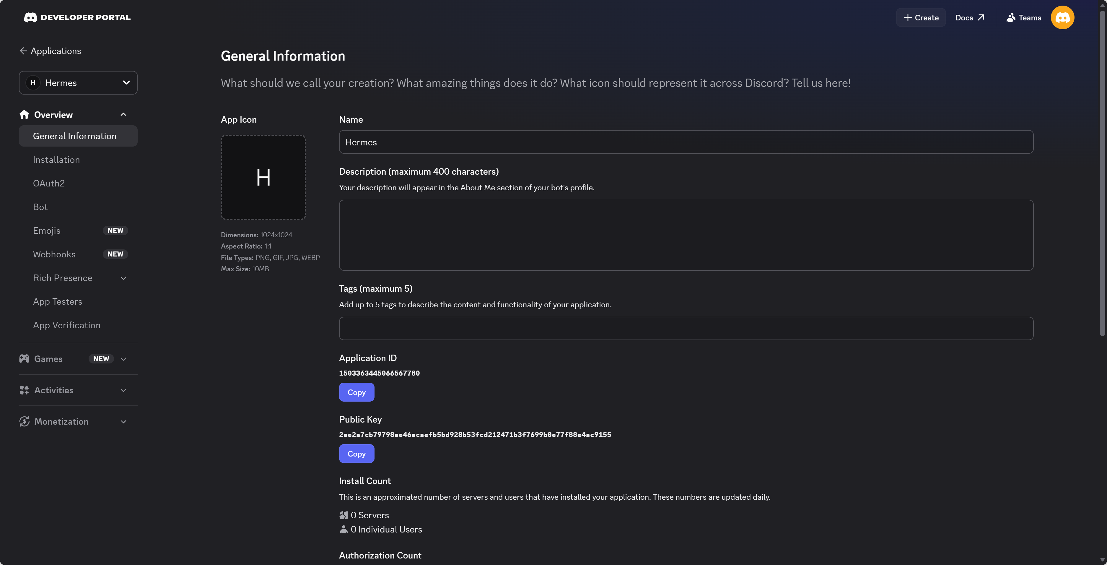 Discord 应用 General Information 标签页