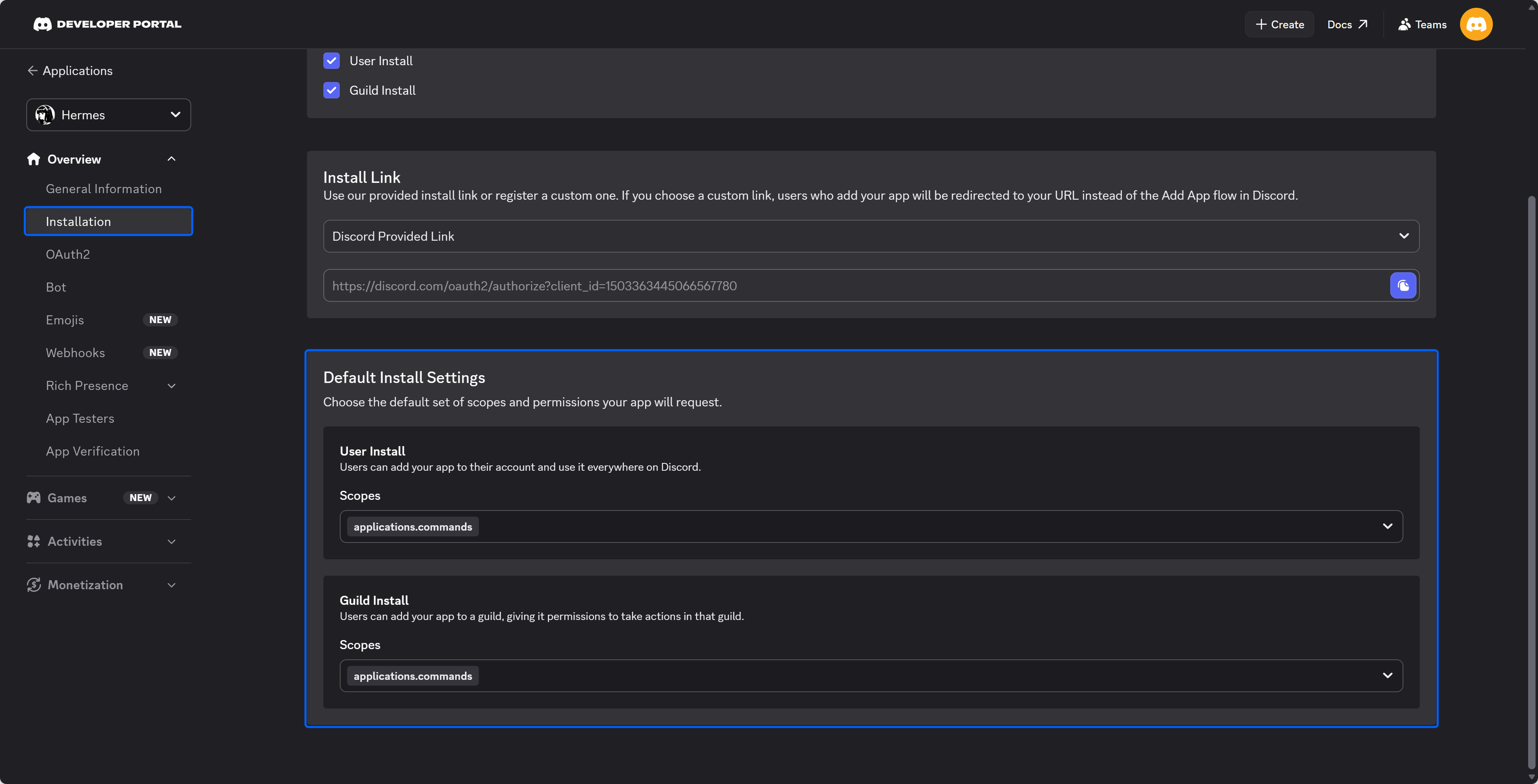 Discord 应用 Installation 标签页 - 权限配置