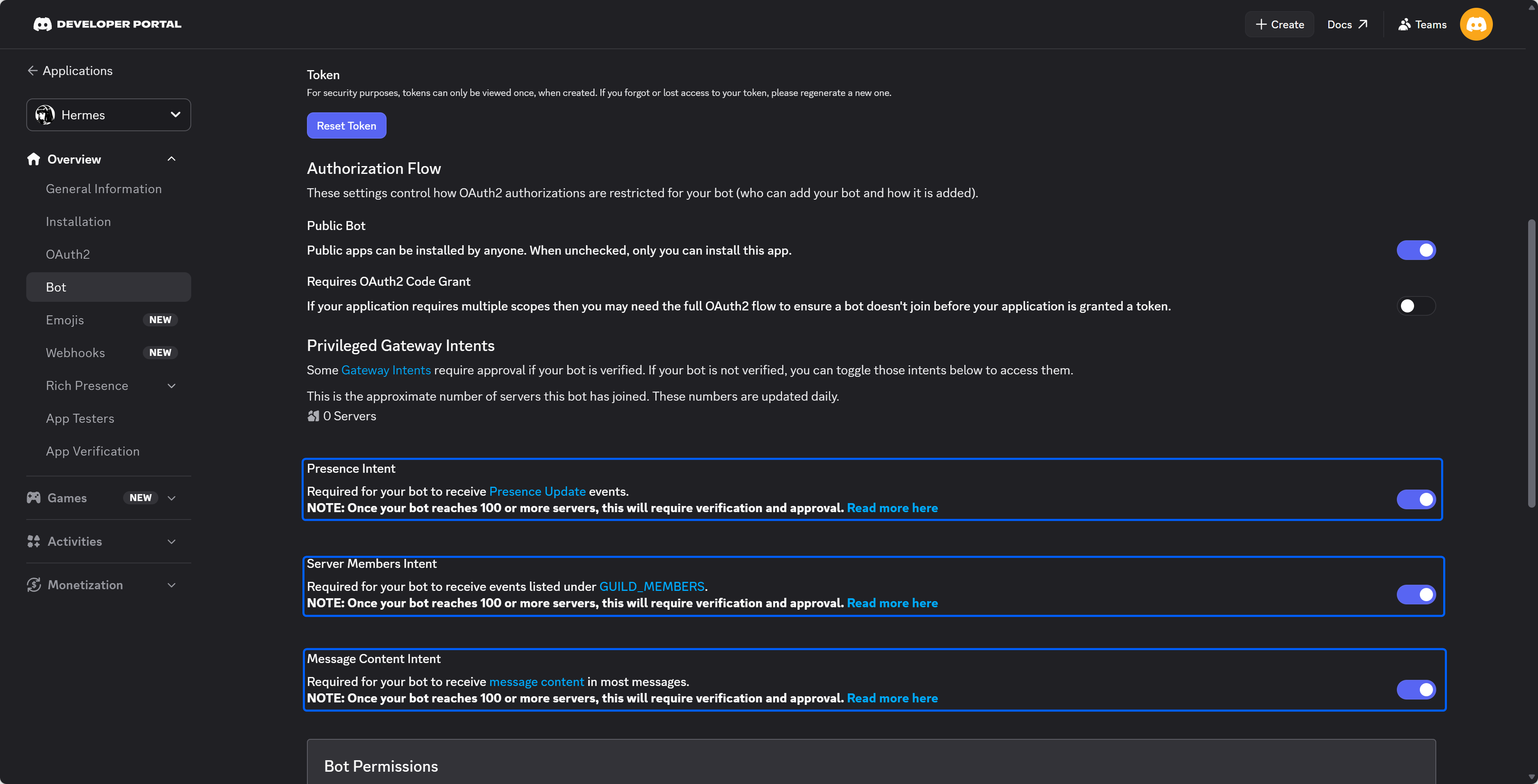 Discord Bot 特权 Gateway Intents - 全部启用