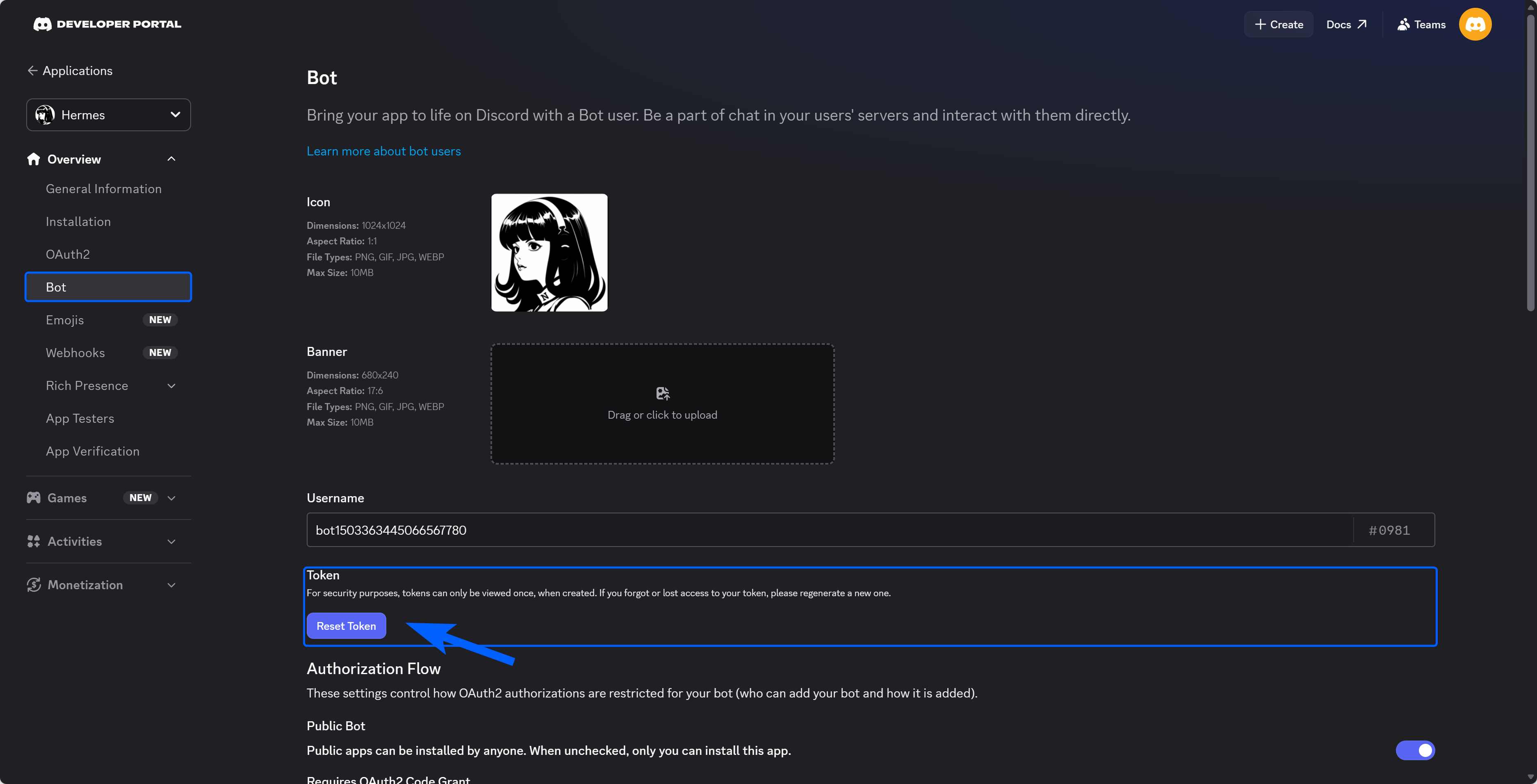Discord Bot 标签页中的 Reset Token 按钮