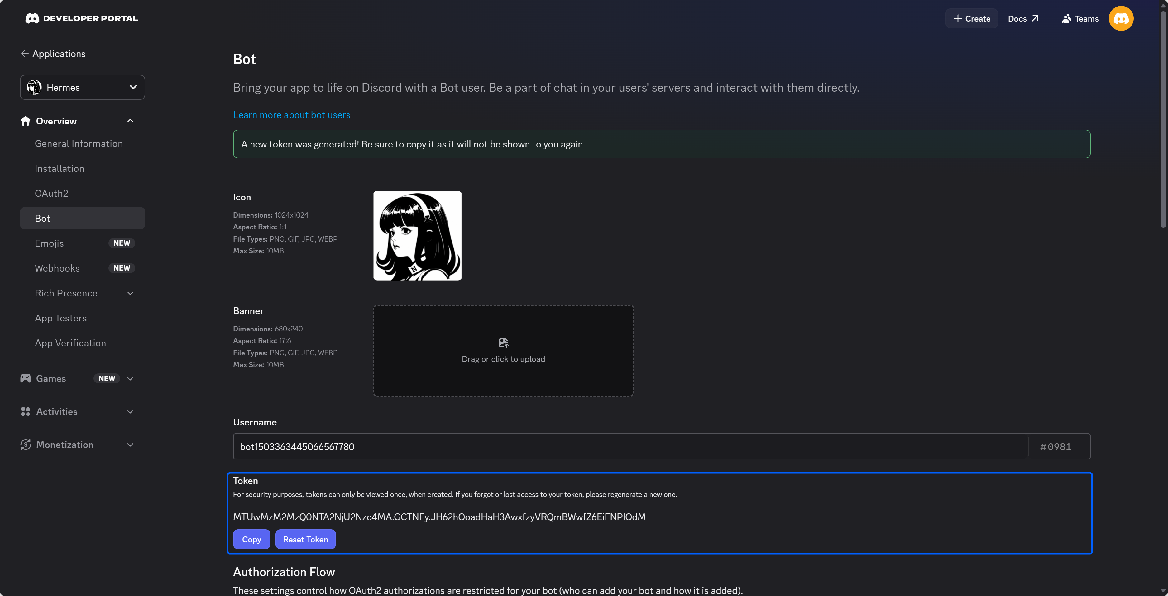 复制新的 Discord Bot Token 按钮