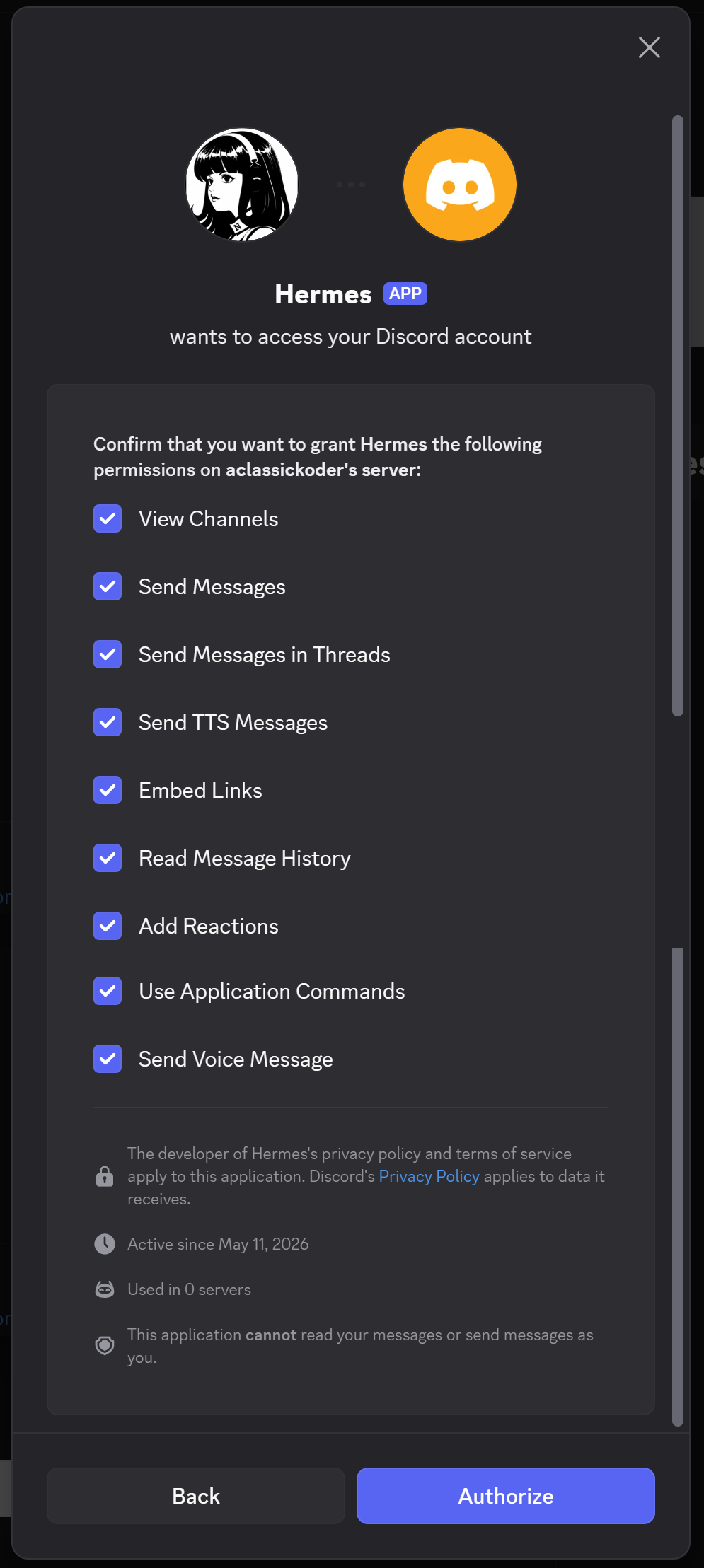 Discord Bot 权限授权界面
