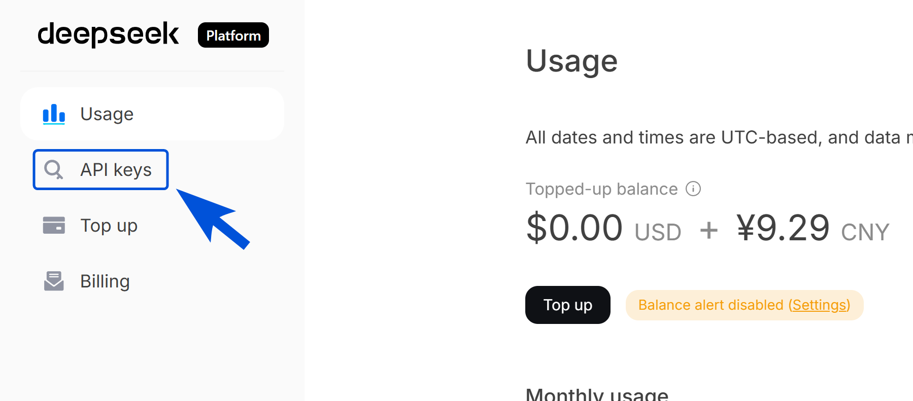 DeepSeek Platform 中的新建 API Key 按钮